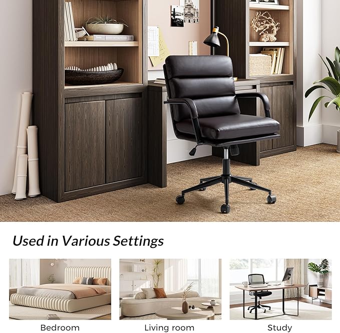 HULALA HOME Modern Faux Leather Home Office Chair with Tilt Lock & Metal Base, Desk Chair with Wheels & Padded Cushion, 360° Swivel Wide Seat Computer Task Chair, Brown