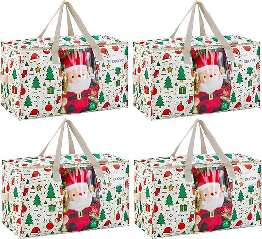 VENO 4 Pack Moving Bags, Large Christmas Storage Bins with lids, Packing Supplies for College, Alternative to Moving Boxes, Foldable, Heavy-Duty Tote, Christmas Pattern (Jingle Mix, 4 Pack)
