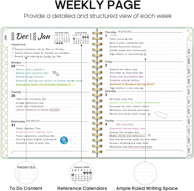 2026 Planner, Weekly and Monthly Calendar Planner, January 2026 - December 2026, Hardcover 2026 Calendar Planner Book with Tabs For Women & Men, Inner Pocket, Spiral Bound, Perfect for Office Home School Supplies - A5 (6.3" x 8.5"), Mint