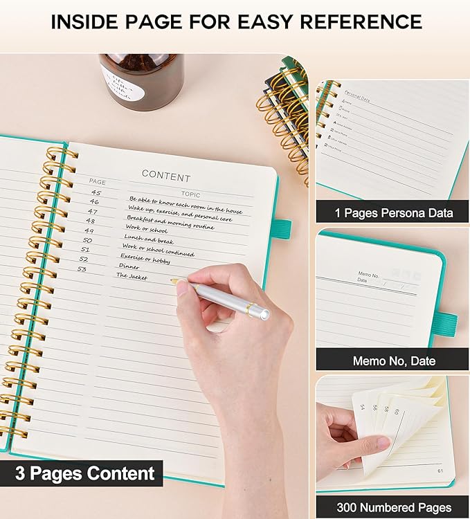 Spiral Notebook Journal for Women Men, 300 Numbered Lined Pages, College Ruled, A5 Hardcover Spiral Bound Notebook for School, Work, Note Taking Writing, Leather Spiral Journal Medium 5.9"x8.5"