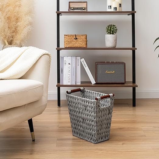 GRANNY SAYS Woven Waste Basket, Gray Wicker Basket with Wood Handles, Wicker Waste Basket for Bathroom Living Room, 1-Pack, 13" x 7 ½" x 12 ½"