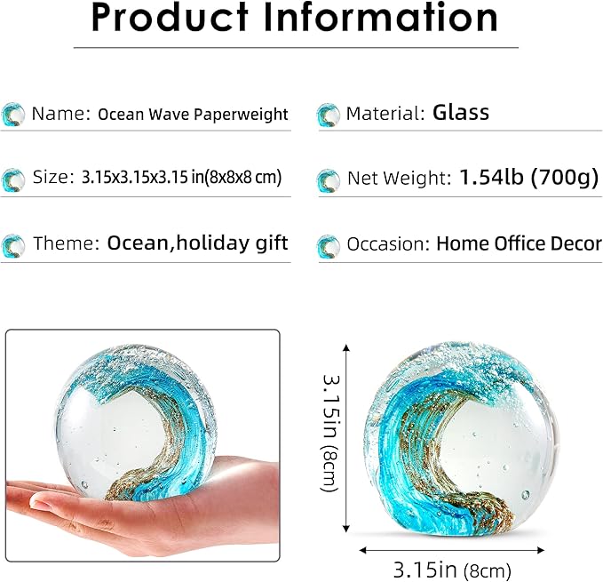EUSTUMA Hand Blown Glass Figurines Ball Ocean Waves,Office Paperweight Glass for Desk,Home Decor Collectible,Aquarium Decor,Office Decor Ocean Lovers (Waves)