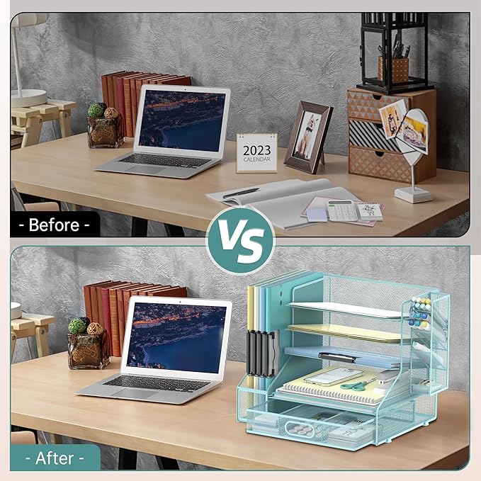 DALTACK Mesh Desk Organizer, 5-Tier Paper Letter Tray with File Holder & Pen Holder & Sliding Drawer, Desktop Organizer and Storage for Desk Accessories Office Supplies, Blue