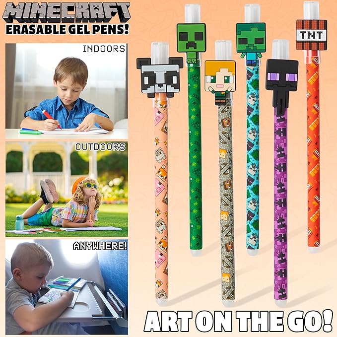 Minecraft Erasable Gel Pens Set, Colored Pens with Erasers Pack of 6, School Supplies - Gifts for Boys