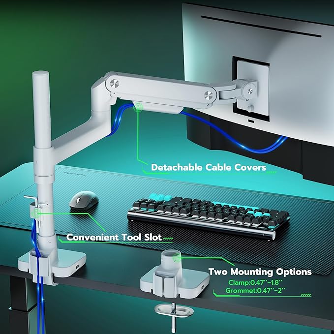 ARES WING Ultrawide Monitor Mount with USB A/C, with Extended Column for 17 to 49 inch Heavy Duty Monitor, Holds 44 lbs, Adjustable Gas Spring Desk Mount, White
