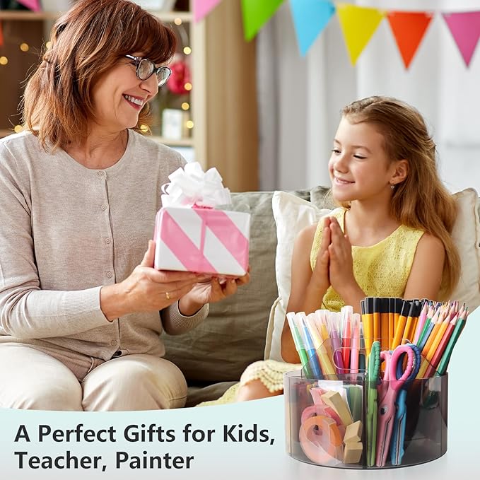 Absonic Acrylic Pen Holder Crayon Organizer for Kids, 6 Slots Arts and Crafts Organizer Marker Caddy Organizer for Classroom, 360 Rotating Pencil Holder Art Supplies Storage for School Office Grey