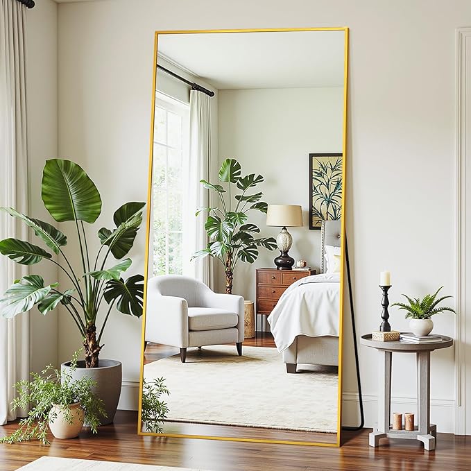 Full Length Mirror, 76"x34" Oversized Floor Mirror Freestanding, Full Body Mirror Floor Standing Mirrors with Stand, Hanging Mounted Mirrors for Bedroom Living Room, Gold, Rect Style