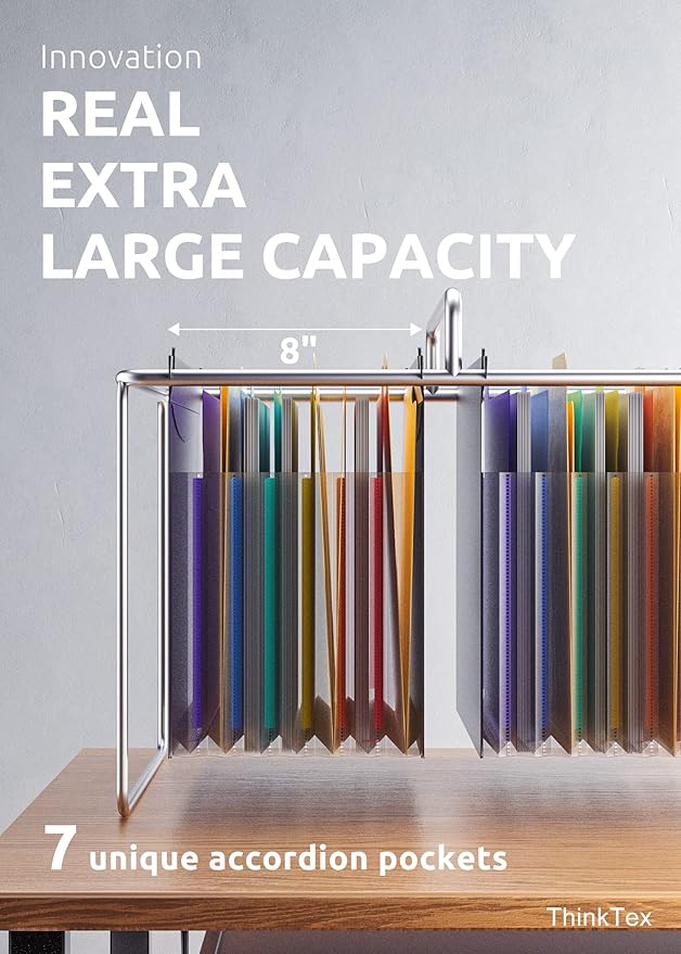 ThinkTex Plastic Expanding Hanging File Folders, 7 Innovative 1.2/'' Accordian Pockets, Large Capacity, Multi-Color Tabs, Letter Size for Filing Cabinet - Black-6 pack