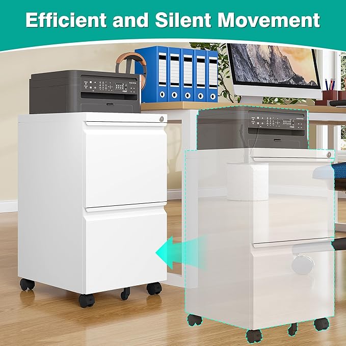 SISESOL 2 Drawer File Cabinet with Lock and Wheels,White Rolling File Cabinets,Locking Mobile Metal Filing Cabinet for Home Office,Under Desk,Fit A4/Letter/Legal File, Easy Assembly