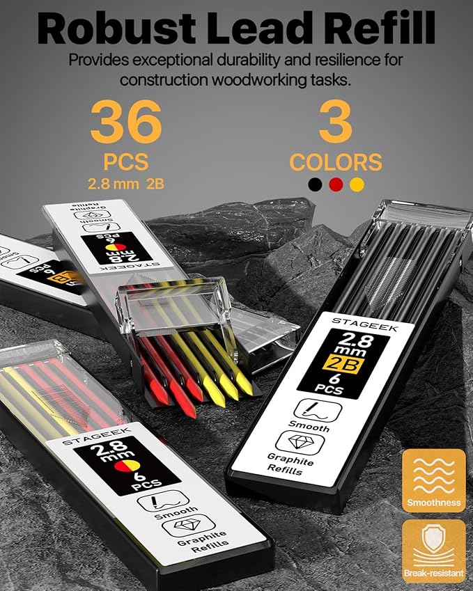 3PCS Carpenter Pencils with Sharpener, Heavy Duty Woodworking Tools, Mechanical Pencil Set with 39 Refills, Deep Hole Long Nib Marker Pens for Architect Marking with Case (Red, Black, Yellow)