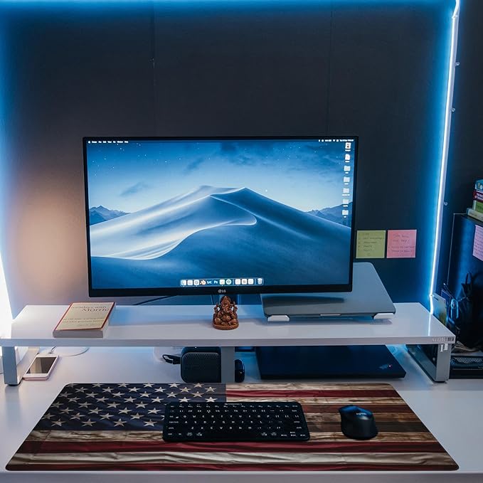 Large Gaming Mouse Pad for Desk,Wooden American Flag Desk Mat,Wooden USA Flag Desk Pad,Extended Big Computer Keyboard Mouse Pad with Non-Slip Base and Stitched Edge,35.4"x15.7"