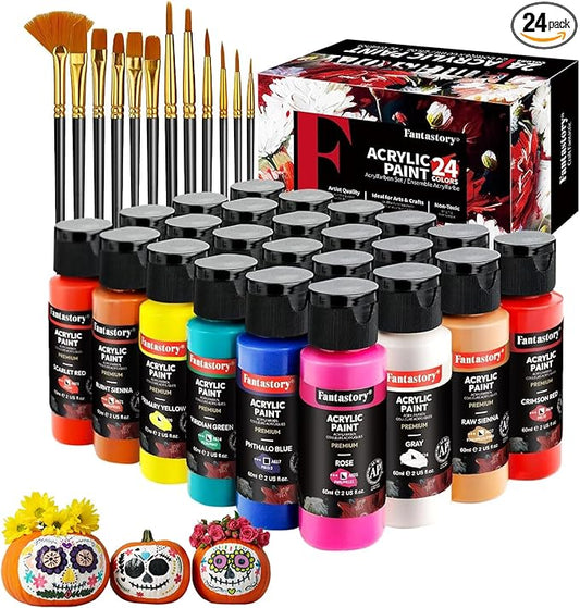 Fantastory Acrylic Paint Set 24 Classic Colors(2oz /60ml) with 12 Brushes, Professional Craft Thick Paints Kits for Adults, Canvas Wood Fabric Ceramic Rock Painting Supplies [Professional Series]
