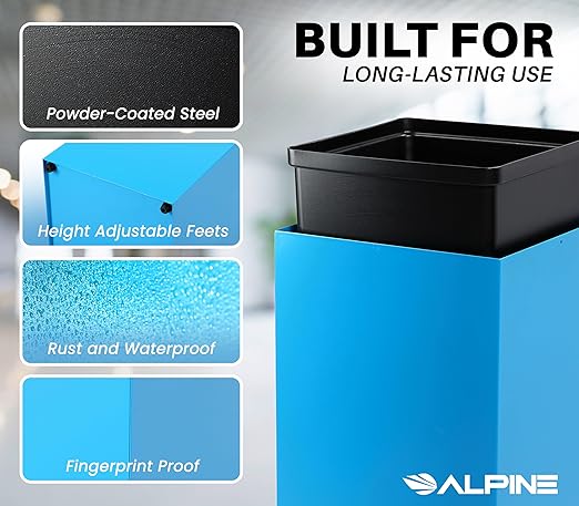 Alpine Commercial Indoor Recycle Bin with Lid - 29 Gallon Blue Recycle Bin Recycle Trash Can Office Recycling Bins, Metal Recycling Container with Stickers & 3 Optional Lids Sold Separately