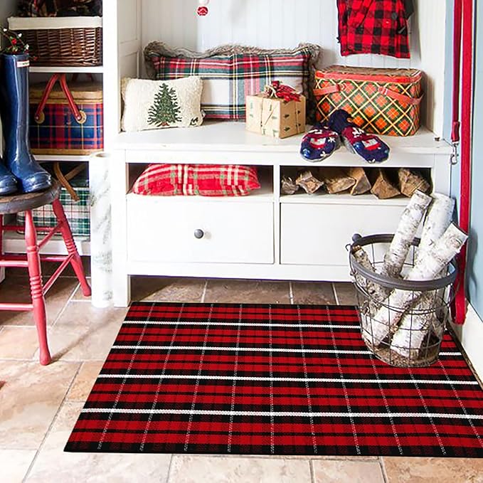 Buffalo Plaid Outdoor Rug Christmas Door Mat Christmas Decor Welcome Rug Cotton Hand-Woven Layered Door Mats for Front Porch, Kitchen, Farmhouse, Entryway (27.5"x43", Red/Black/White)