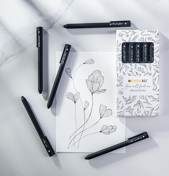DIVERSEBEE Black Gel Ink Pens, 0.5 mm Gel Pens Fine Point, Bible Pens No Bleed Through with Cute Fine Tip, Bible Study Journaling Supplies, 5 Pack Gel Pen Set