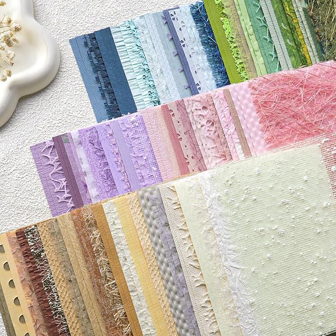 144 Sheets Textured Scrapbook Paper and Mesh Fabric Set - 6 Pack Assorted Mixed Special Paper for Scrapbooking Planner Bullet Junk Journal Supplies Media Collage Card Embellishments 3.9x5.5 Inch