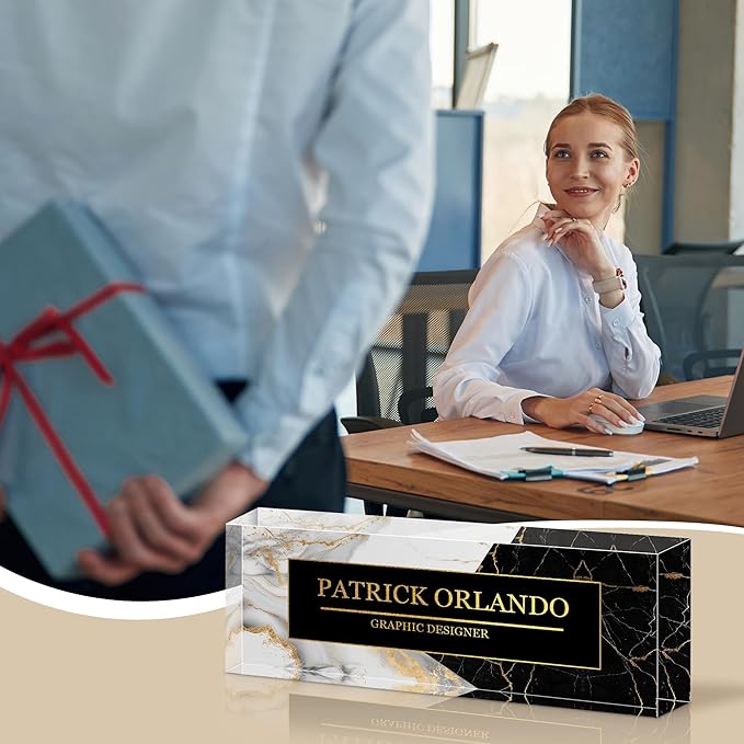 Ship Next Day Personalized Name Plate for Desk, Custom Acrylic Desk Name Sign, Office Appreciation Gifts for Women Men Coworkers Boss Teacher Employee (B/W Marble)