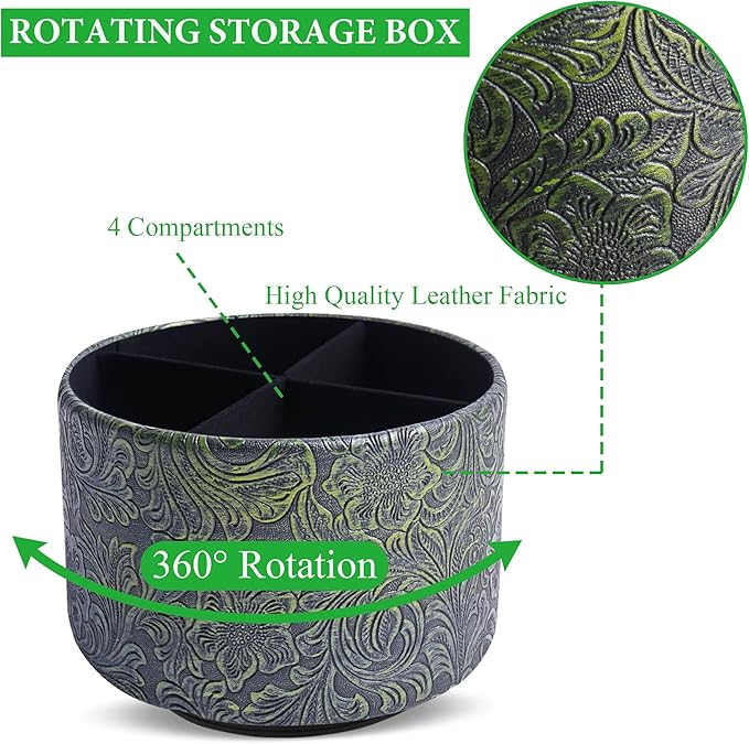 lizimandu Round Leather Art Supply Organizer,Remote Control Holder,360 Degree Spinning,Multi-Functional Pencil Holder,4 Compartments Desktop Stationary Organizer(1-Carved Metal Green2)