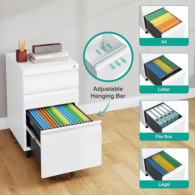 3 Drawer File Cabinet with Wheels,Under Desk File Cabinet with Lock,White Rolling Filing Cabinet,Three Drawer Metal Filing Cabinets for Home Office,Fit A4/Letter/Legal,Fully Assembled Except Casters