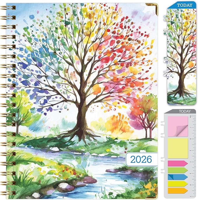 HARDCOVER 2026 Planner, 8.5"x11": 14 Months (November 2025 - December 2026), Daily Weekly Monthly Planner, Yearly Agenda, Bookmark, Pocket Folder and Sticky Note Set (Tree Seasons)