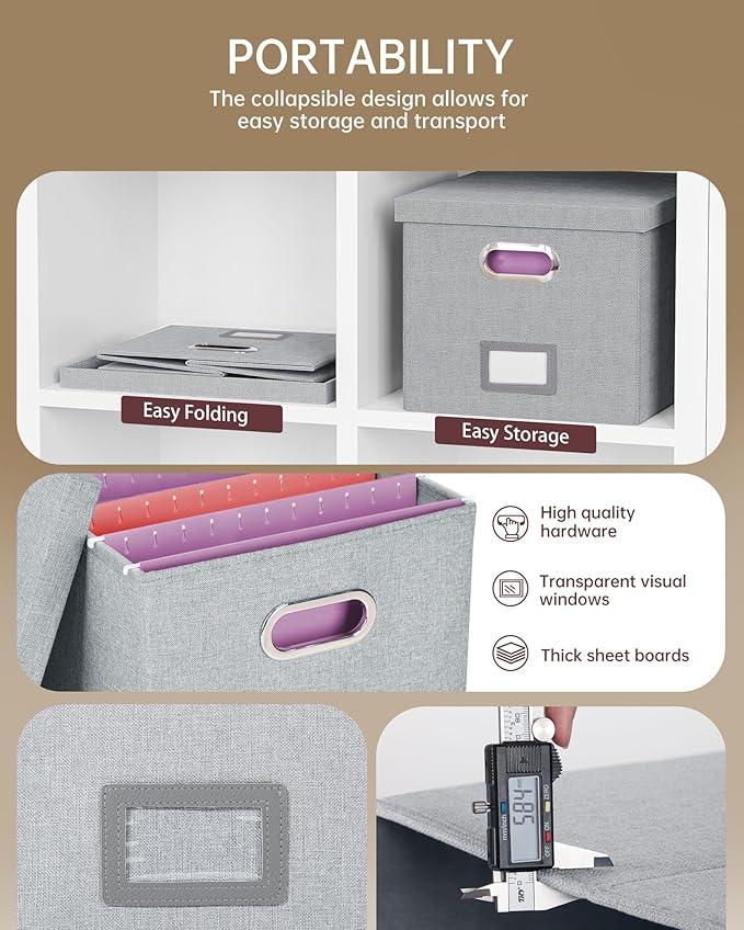 Oterri 2 Pack File Storage Organizer, Filing Box, Portable File Box with Lid, Fit for Letter/Legal File Folder Storage, Document Organizer, Gray-White