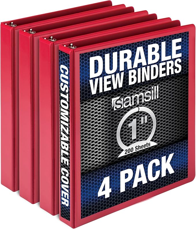 Samsill Durable 1 Inch Binder, Made in the USA, Round Ring Customizable Clear View Binder, Red, 4 Pack (MP48433)