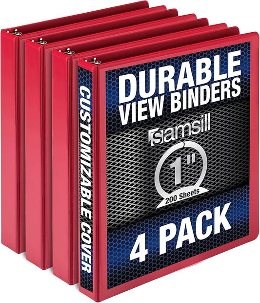 Samsill Durable 1 Inch Binder, Made in the USA, Round Ring Customizable Clear View Binder, Red, 4 Pack (MP48433)