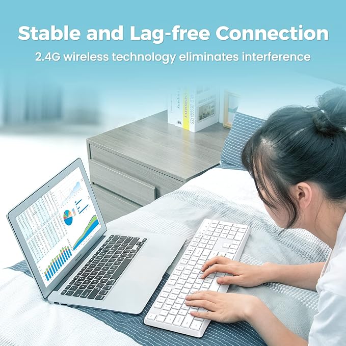 Lovaky Wireless Keyboard, 2.4G Ergonomic Wireless Computer Keyboard, Enlarged Indicator Light, Full Size PC Keyboard with Numeric Keypad for Laptop, Desktop, Surface, Chromebook, Notebook, Snow White