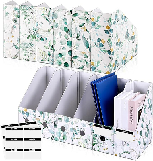 PerKoop 6 Pcs Magazine File Holder Foldable Decorative Cardboard File Folders 6 Patterns Floral Colored Magazine Rack with Printable Sticker Labels for School Office Home Desk (Eucalyptus Leaves)