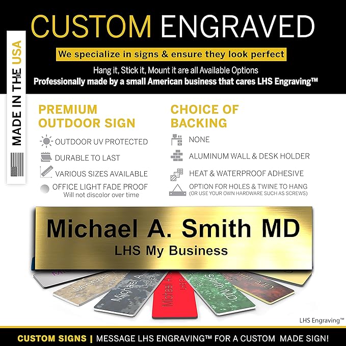 Engraved Name Plates for Desk and Door Signs Personalized Brushed Brass Plastic Nameplate with Black Letters - Made in USA 2x8 M6