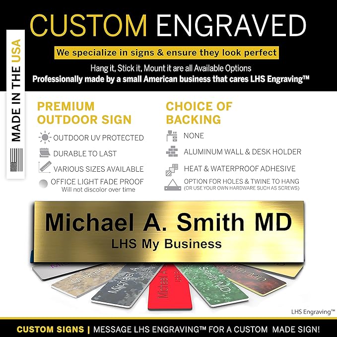 Engraved Name Plates for Door Sign Personalized Brushed Brass Plastic Plaque with Black Letters - Made in USA 2x12 M6