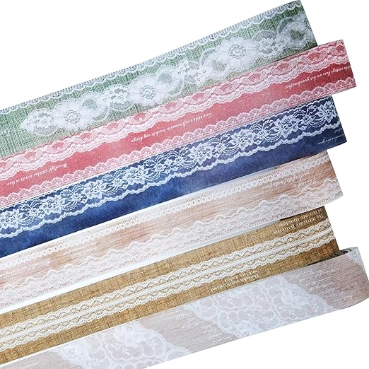 Lace Pattern Washi Tape Set, 6 Rolls Japanese Paper Decorative Stickers with 1 Clip, Lace Fabric for Scrapbooking, Journaling, Craft Supplies, 1.57in x 79in