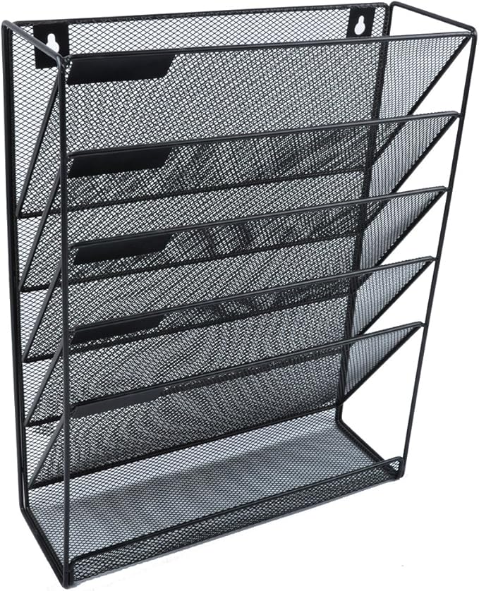 EASEPRES Hanging File Holder Organizer, 6 Tier Mesh Metal Wall Mount Document Letter Tray Organizer for Office Home, Black
