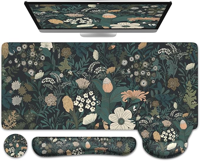 iCasso Desk Cover Mat, 4in1 Floral Large Mouse Pad with Wrist Rest, Desk Matt for Desktop, Anti-Slip XXL Big Computer Ergonomic Mousepad with Wrist Support for Keyboard and Mouse (Weeds)