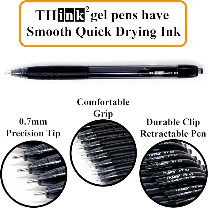 THINK2MASTER [24 Pens - Black Ink Think2 0.7mm Precision Tip Gel Pens. (24 Black) Fine Point Small Rollerball Pens with Smooth Quick Drying Ink.