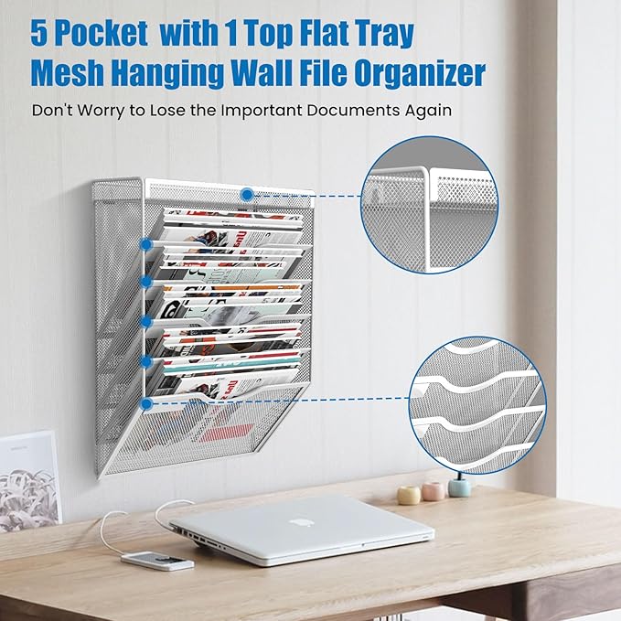 6 Tier Wall File Organizer Hanging Vertical File Organizer, Wall Mounted Mail Paper Document Folder Holder, Mesh Magazine Rack Mail Document Organizer for Office School Home