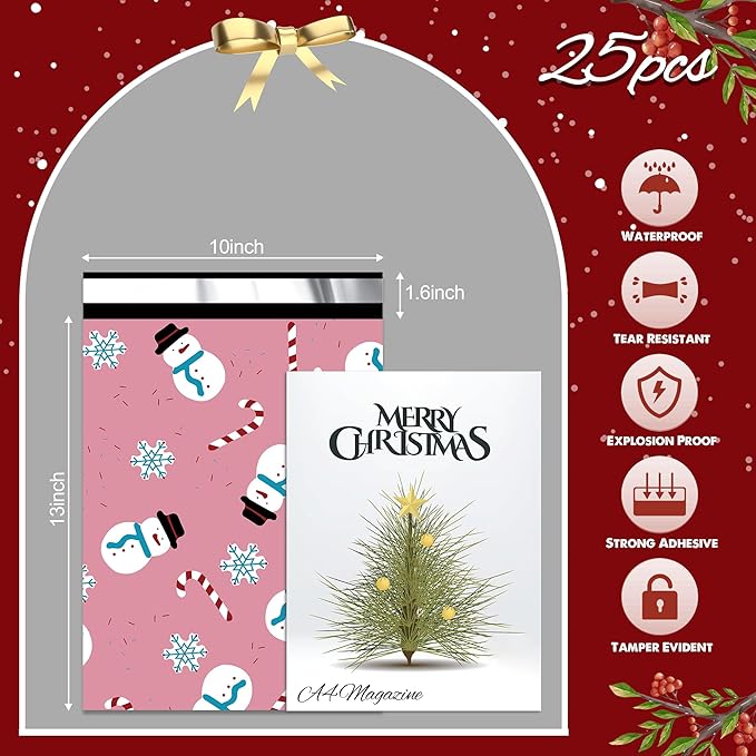 Christmas Poly Mailer 10x13 Inch 25 Pcs, Waterproof Shipping Bags for Clothing, Tear-Resistant Mailier Bags, Strong Mailing Bags with Self-Seal - Snowmen Printed