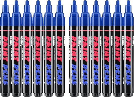 Blue Paint Pens Paint Markers - 12 Pack Permanent Quick Dry Waterproof Marker Pens for Rocks Wood Fabric Plastic Canvas Glass Mugs Metal Tire Stone