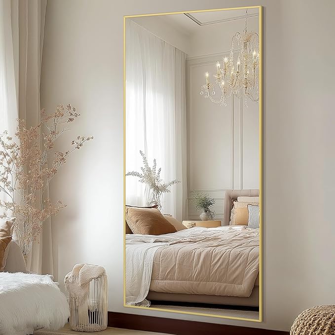 Large Full Length Mirror, 71"x32" Gold Floor Mirror with Stand, Rectangle Standing Mirror for Living Room Bedroom Cloakroom Gym, Thin Aluminum Frame, Tempered Glass
