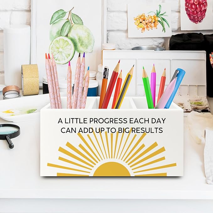 Boho Mental Health Pen Pencil Holder Organizer for Desk, Mental Health Inspirational Motivational Wooden Box Sign for Therapy Counselor Office Classroom Desk Tabletop Decorations