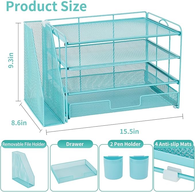 OPNICE Desk Organizer and Accessories, 4-Tier Desktop File Organizer with Drawer and 2 Pen Holders, Office Desk Accessories, File Sorters, Workspace Organizers for Office Supplies(Teal Blue)