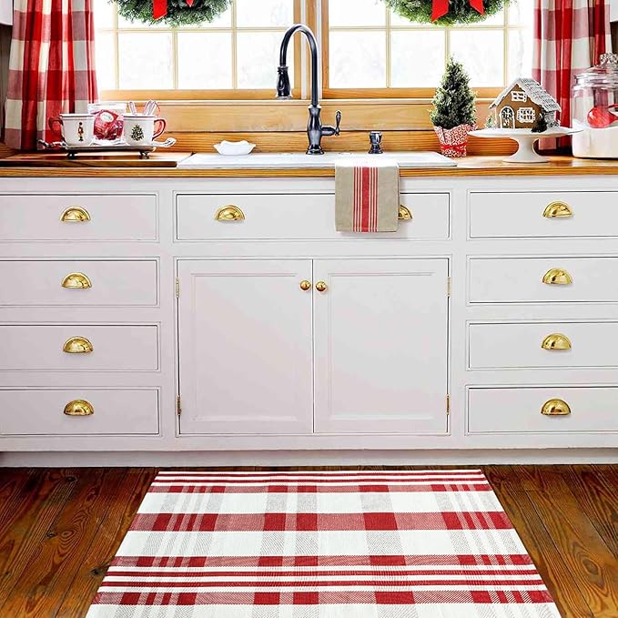 Christmas Door Mat Outdoor 27.5” x 43” Red and White Plaid Rug Christmas Decor Rug Cotton Hand-Woven Layered Door Mats Washable Carpet for Front Porch, Kitchen, Farmhouse, Entryway (27.5” x 43”)