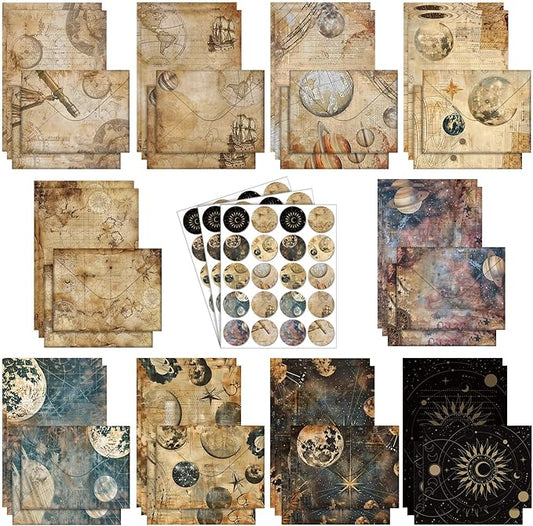 TaoBary 160 Pcs Stationery Paper Set 50 Double Sided Stationery Papers with 50 Matching Envelopes and 60 Round Dot Sticker, 10 Design(Space Spoon,5.5 x 8.25 Inch)