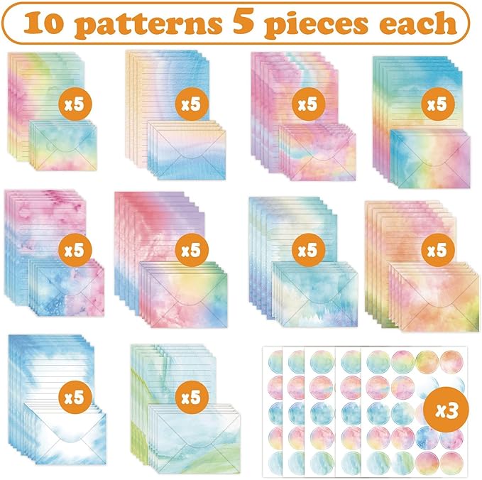 160 Packs Stationery Paper and Envelopes Set 10 Different Designs, 50 One Sided Stationery Writing Papers with 50 Matching Envelopes and 60 Round Dot Sticker, 5.5 x 8.25 Inch (Watercolor)