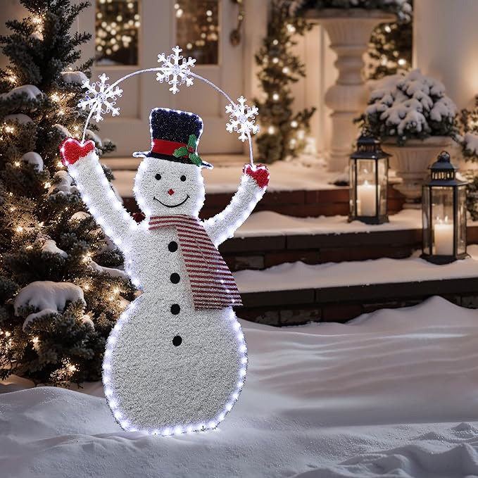 LuxenHome 5FT Lighted Snowman Outdoor Christmas Decorations, 2D Light Up Snowman Christmas Decor with 70 LED Light & Snowflake Arch, Xmas Decorations Outdoor, Indoor for Porch, Lawn Holiday Display