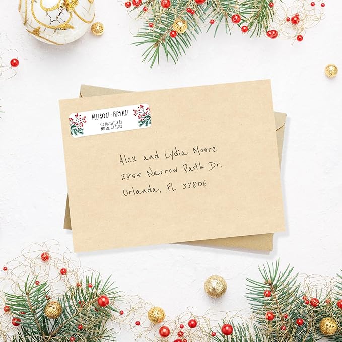 Pine and Holly Rolled Address Labels / 500 Personalized Return Address Labels/Designer Address Stickers in Elegant Plastic Dispenser