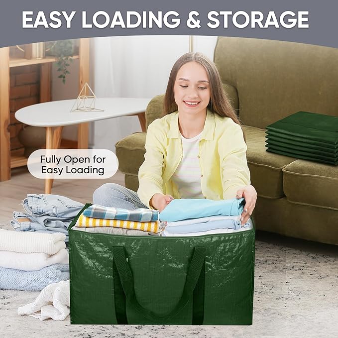 TICONN 4 Pack Extra Large Moving Bags with Zippers & Carrying Handles, Heavy-Duty Storage Tote Moving Boxes for Space Saving (4 Pack, Olive)