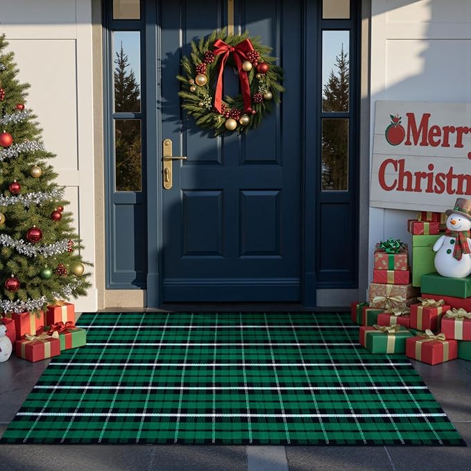 Christmas Door Mat Outdoor 35"x59", Green/Black Buffalo Plaid Front Porch Rug Cotton Hand-Woven Washable Layered Door Mats,Reversible Checkered Floor Rugs for Home Decor Outside