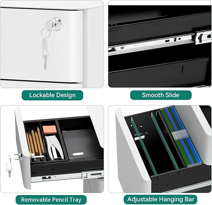 YITAHOME 3-Drawer File Cabinet, Lockable Mobile Filing Cabinet for A4/Letter/Legal Size Folder, Vertical File Cabinet for Home Office, Installed Except Casters, White