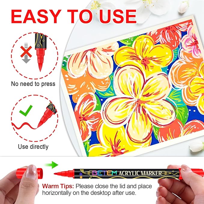 Betem Paint Markers Acrylic Paint Pens, Dual Tip 48 Colors Acrylic Markers with Brush Tip and Fine Point, Art Supplies for Wood, Canvas, Stone, Glass, Rock Painting Kit DIY Crafts Drawing Kit with Bag